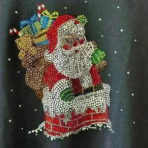 VTG Isaac Designs 3/4 Length Sleeve‎ XL Black Embellished Santa Christmas Top